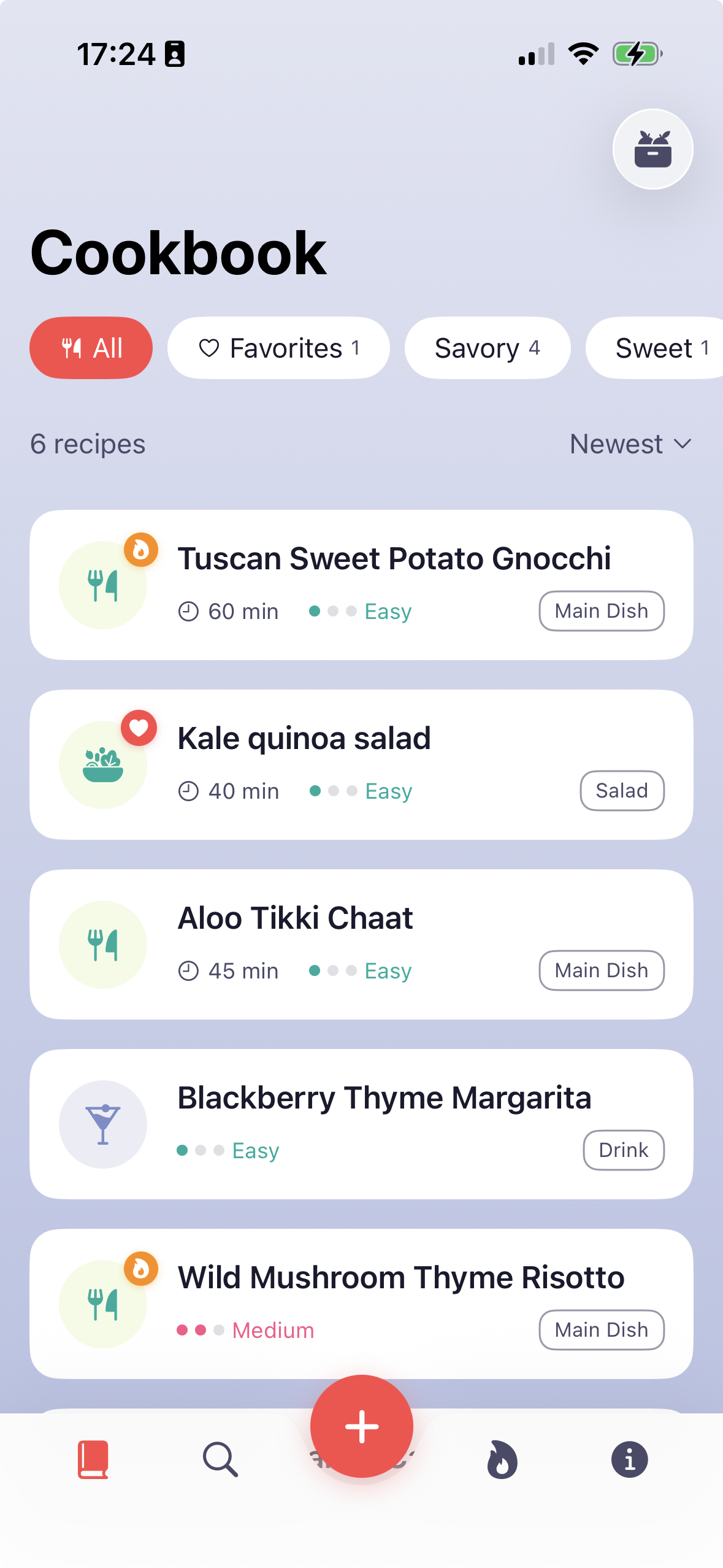 Cookbook view with recipe list and filters