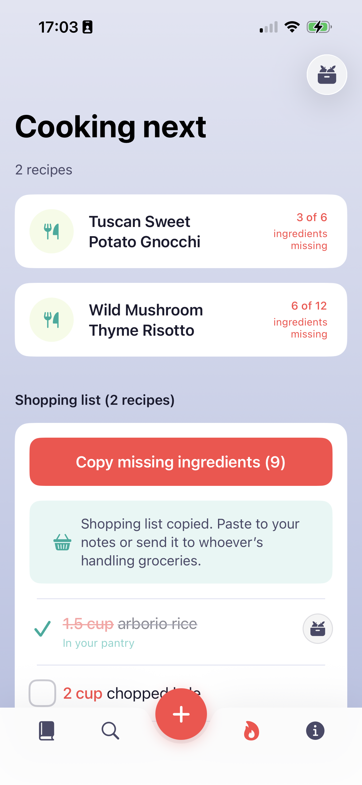 Cooking Next queue and shopping list