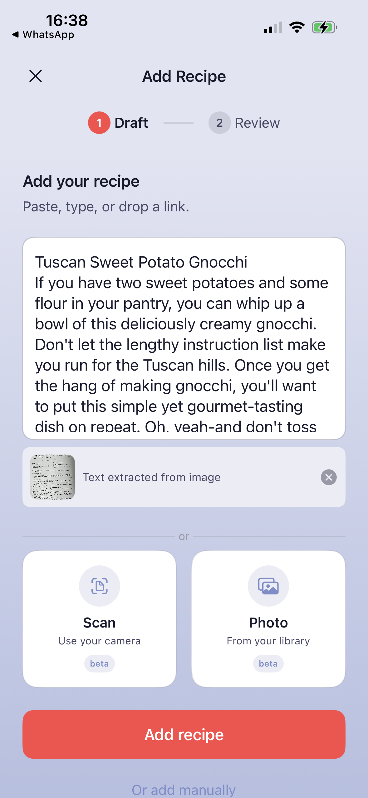 Add recipe screen with pasted text and photo import