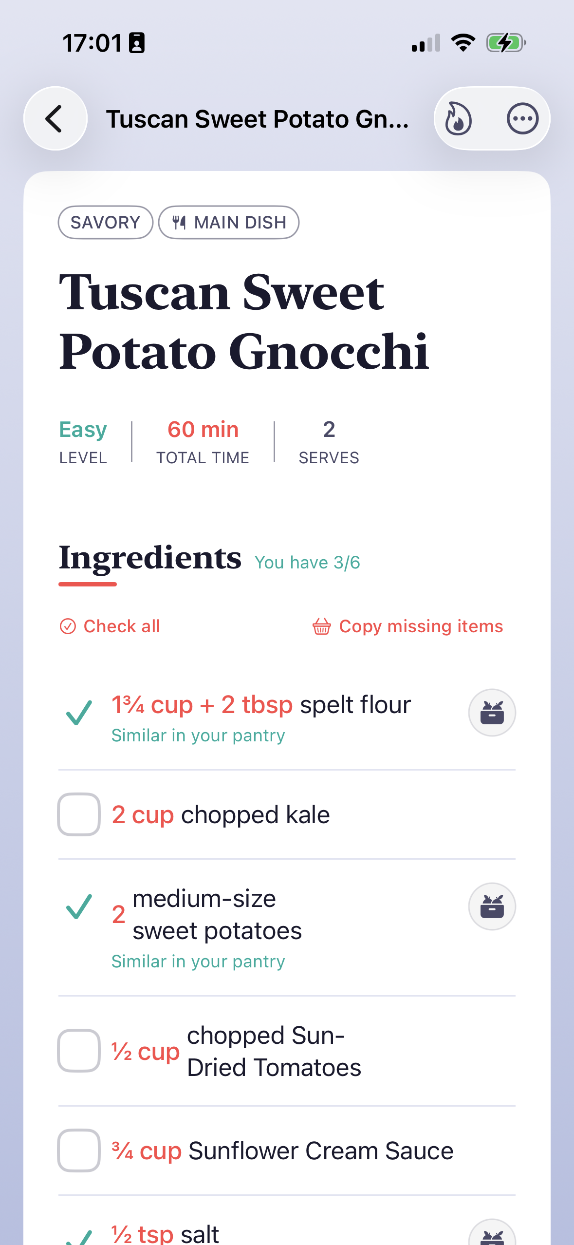 Recipe detail with pantry matching